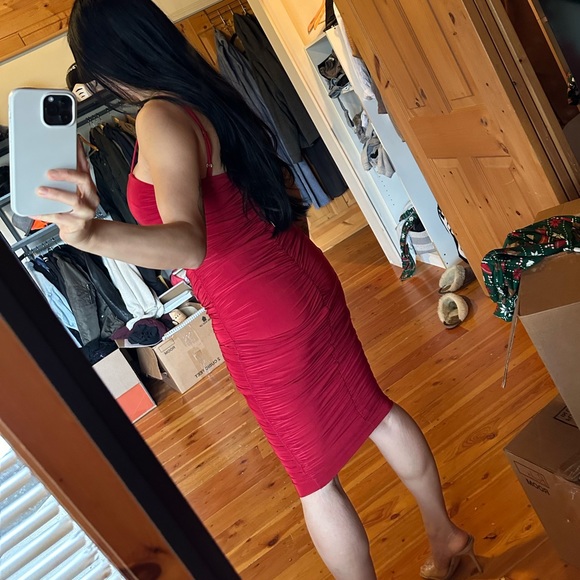 Naked Wardrobe ruched red midi dress - Picture 2 of 4